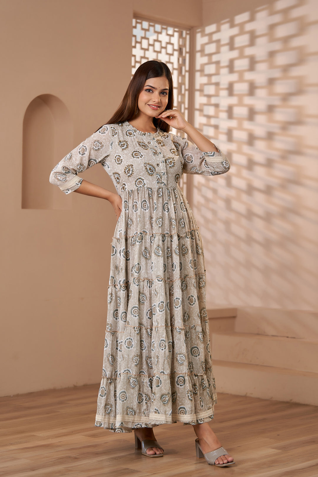 Womens Cotton Mal Grey Tiered Anarkali Gown
