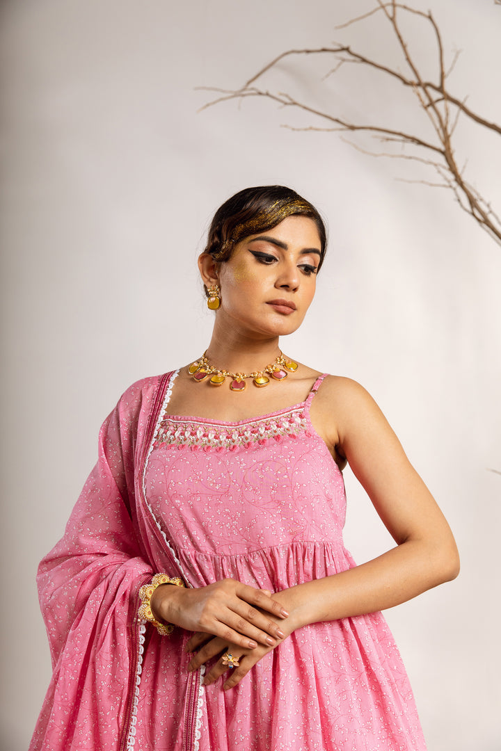 Womens Cotton Pink A-line Kurta Sharara and Dupatta With Fancy Potli Set