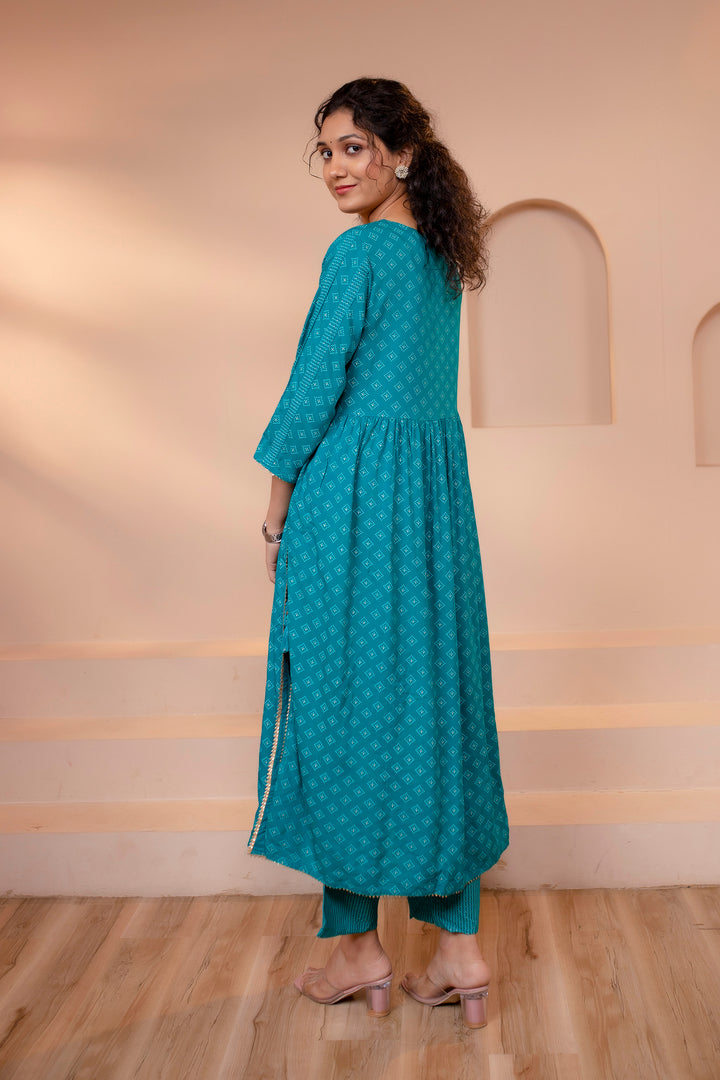 Women's Rayon Turquoise Nyara Cut A-Line Ethnic Set