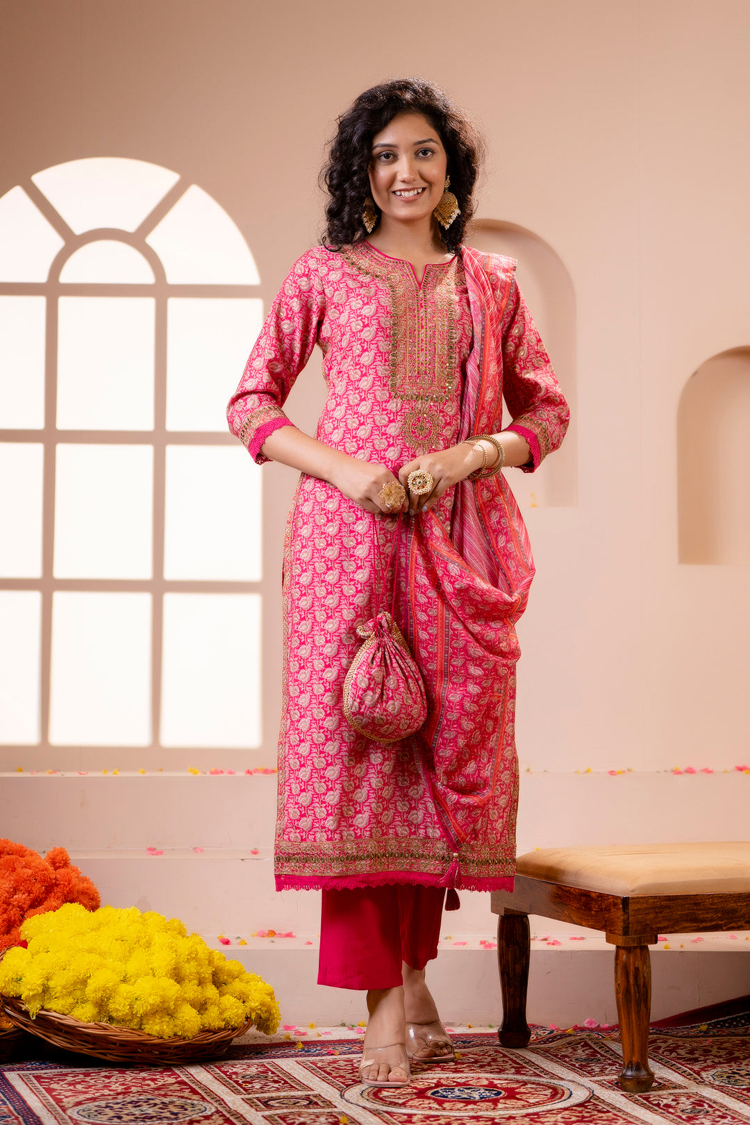 Women's Muslin Pink Straight Kurta, Pant and Dupatta With Fancy Potli Set