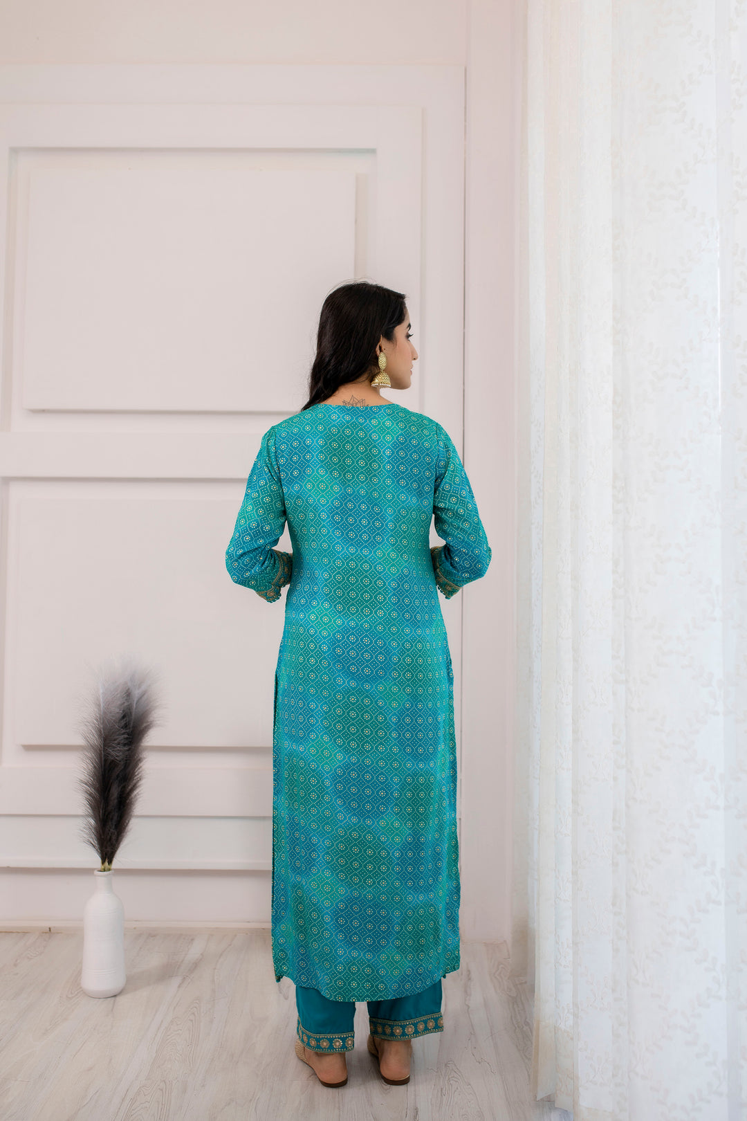 Women's Rayon Turquoise or Green Straight Kurta, Pant and Dupatta With Fancy Potli Set