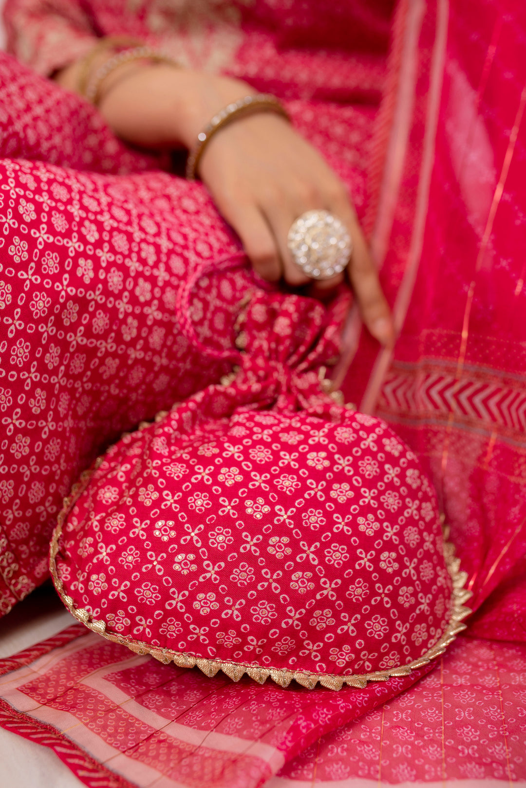 Women's Muslin Pink Straight Kurta, Afghani Salwar and Dupatta With Fancy Potli Set