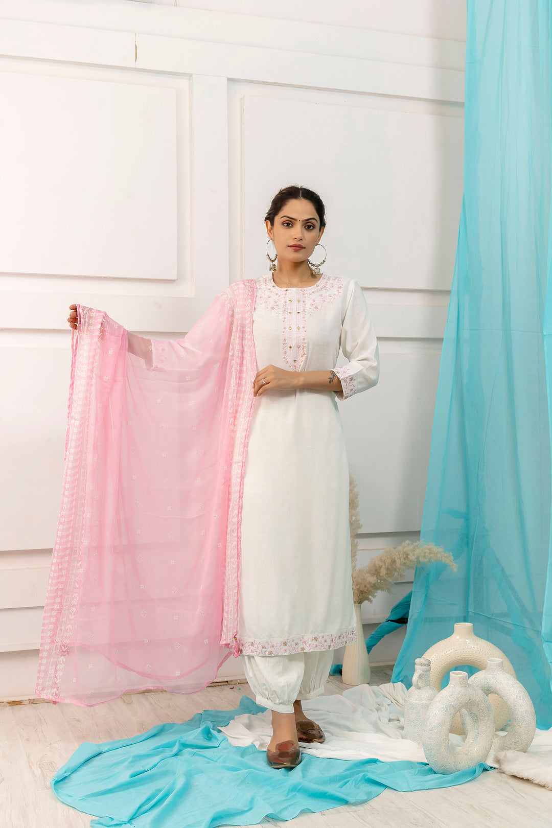 Women's White Rayon Kurta Afghani Salwarand Dupatta Set