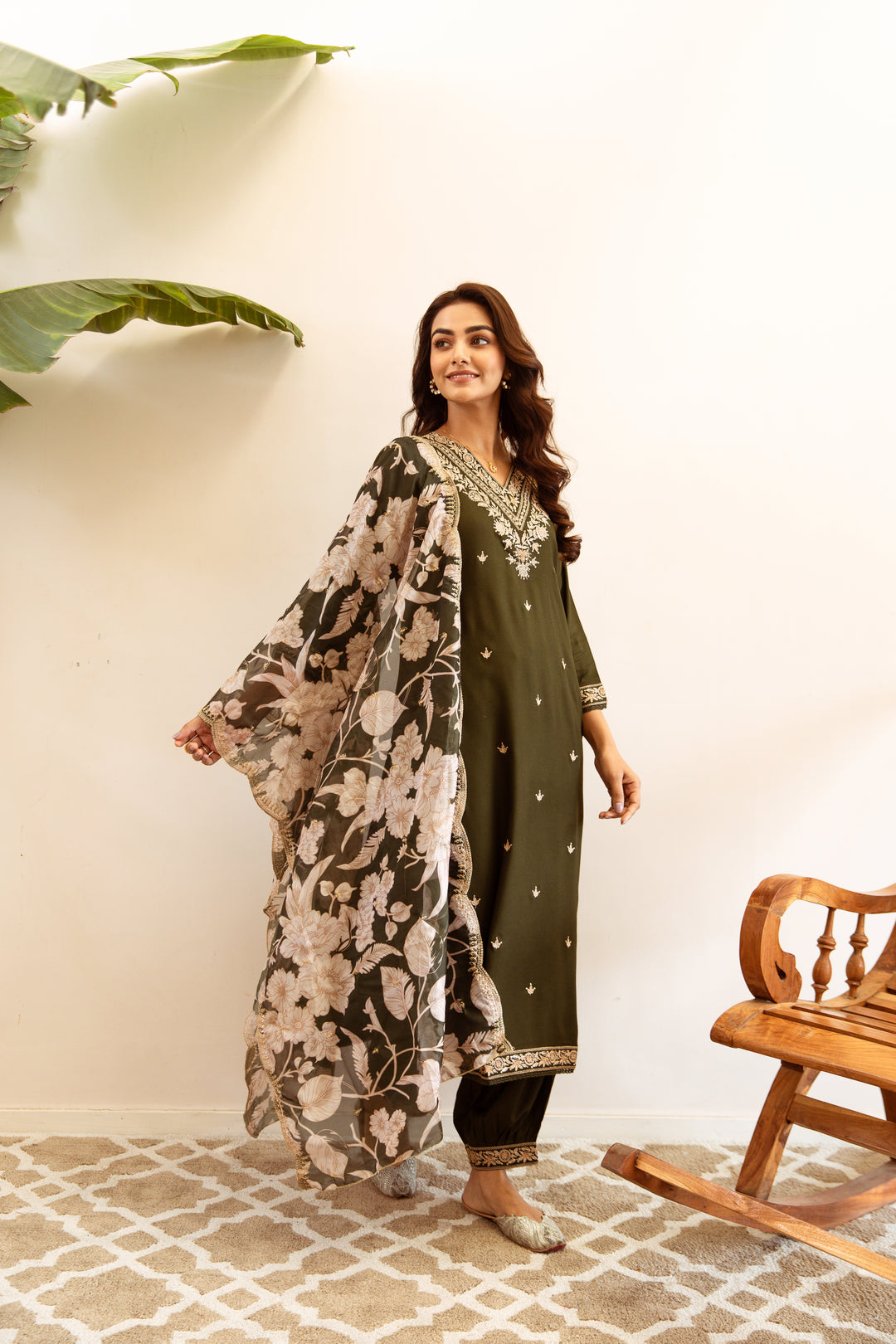 Women's Green Royon Kurta Afghani Salwarand Dupatta Set