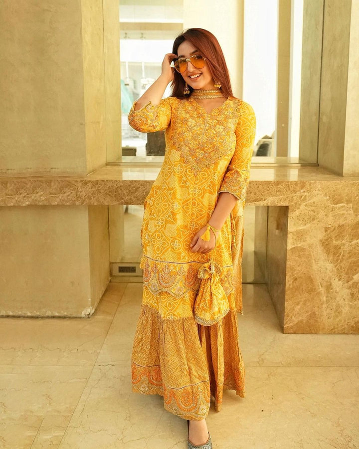 Lehza Women's Mustard Color Rayon Straight Kurta Sharara Dupatta With Fancy Potli