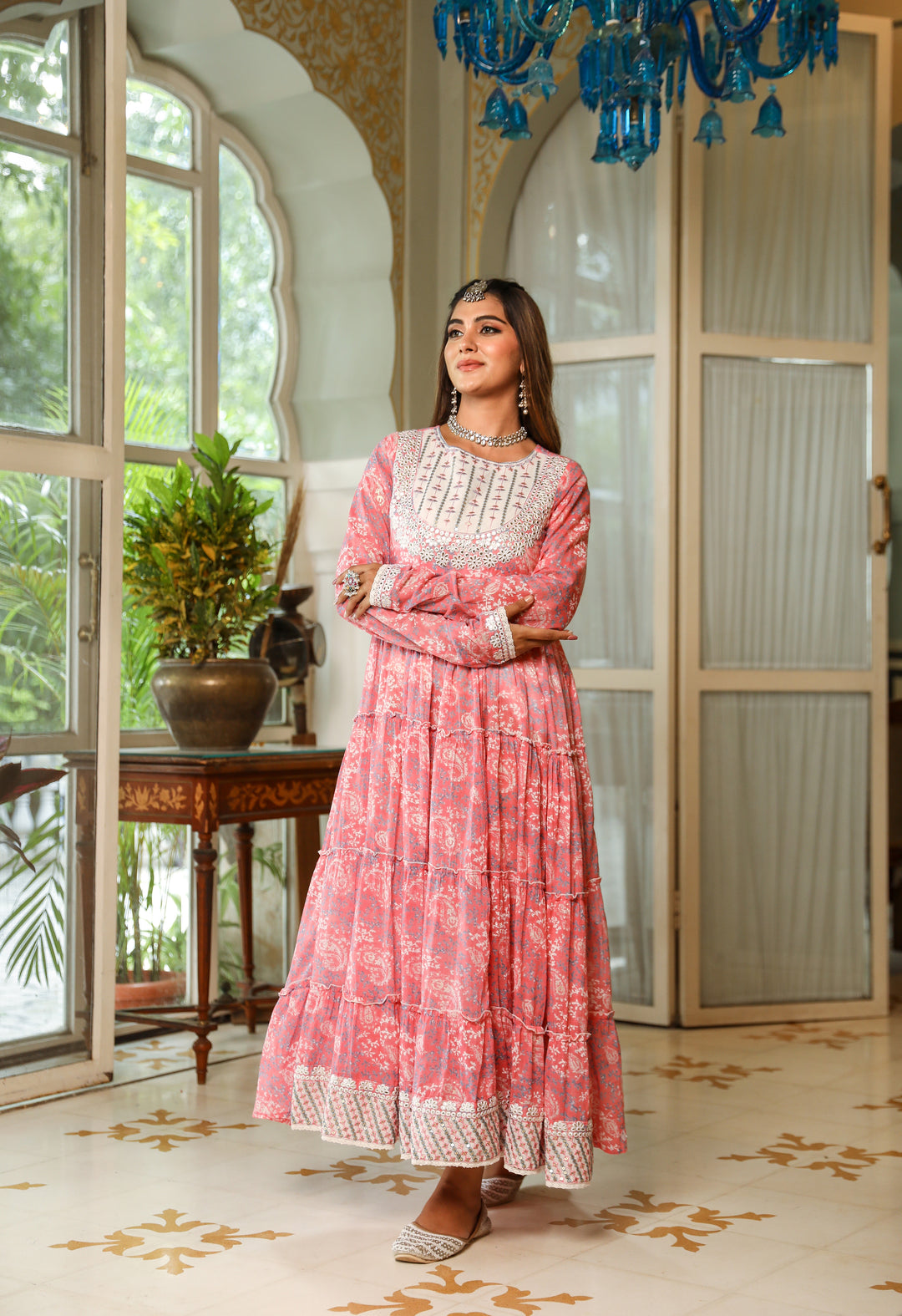 Women Pink Mulmul Flared and Tiered Gown