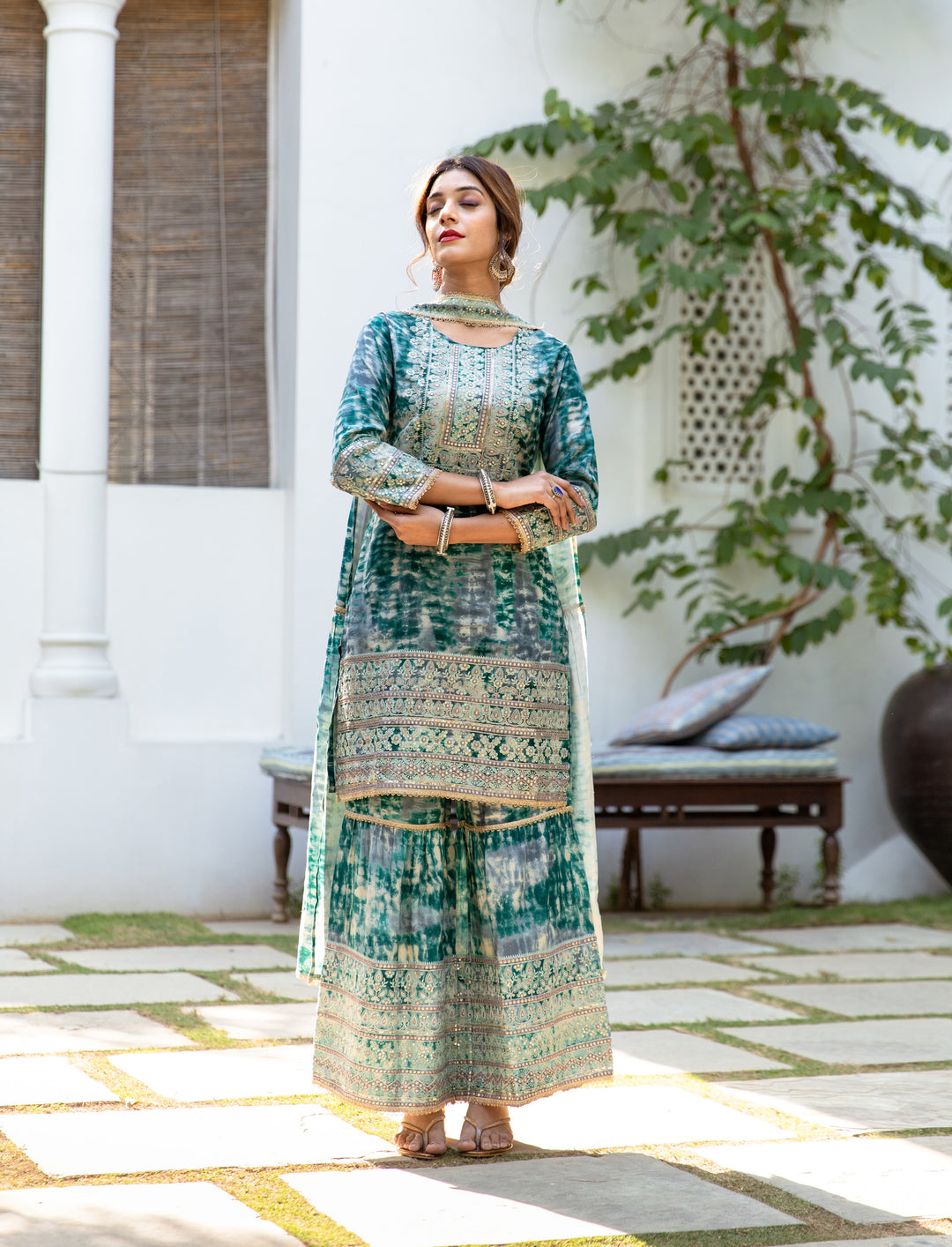 Ruhaniyat Women's Green Color Silk Straight Kurta Sharara Dupatta With Fancy Potli