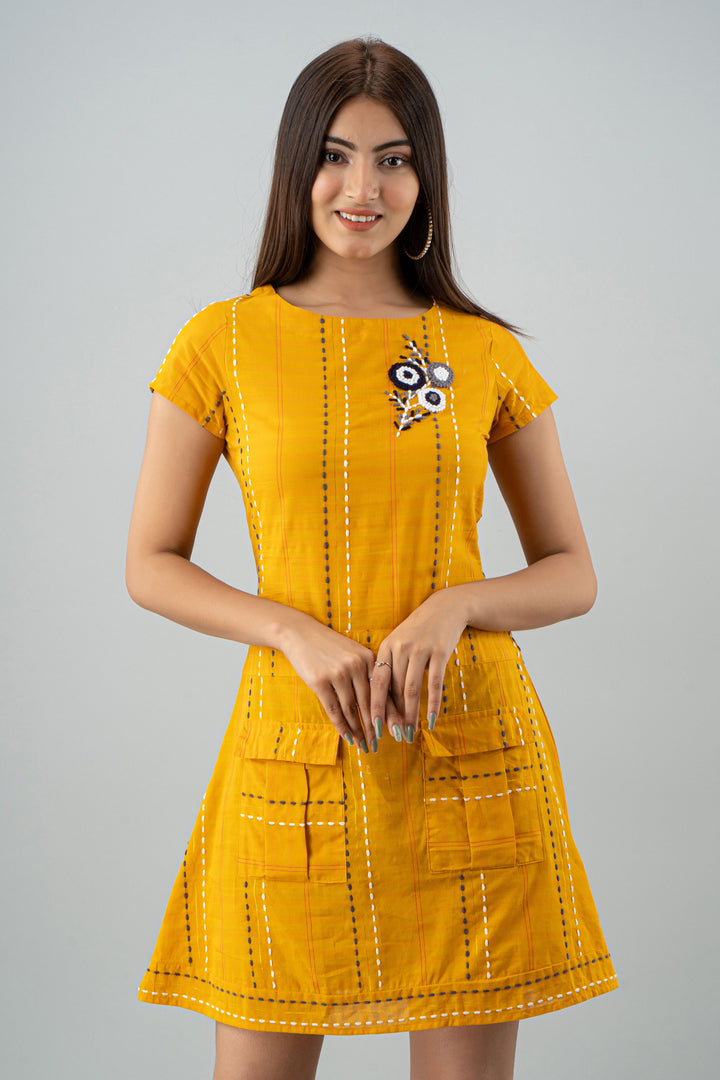 Mustard Color Yarn Dyed A-line Women Short Dress