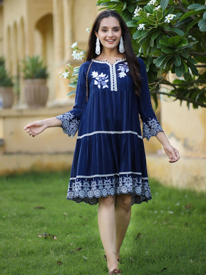 Women Anarkali Royal Blue Woven Design Midi Dress