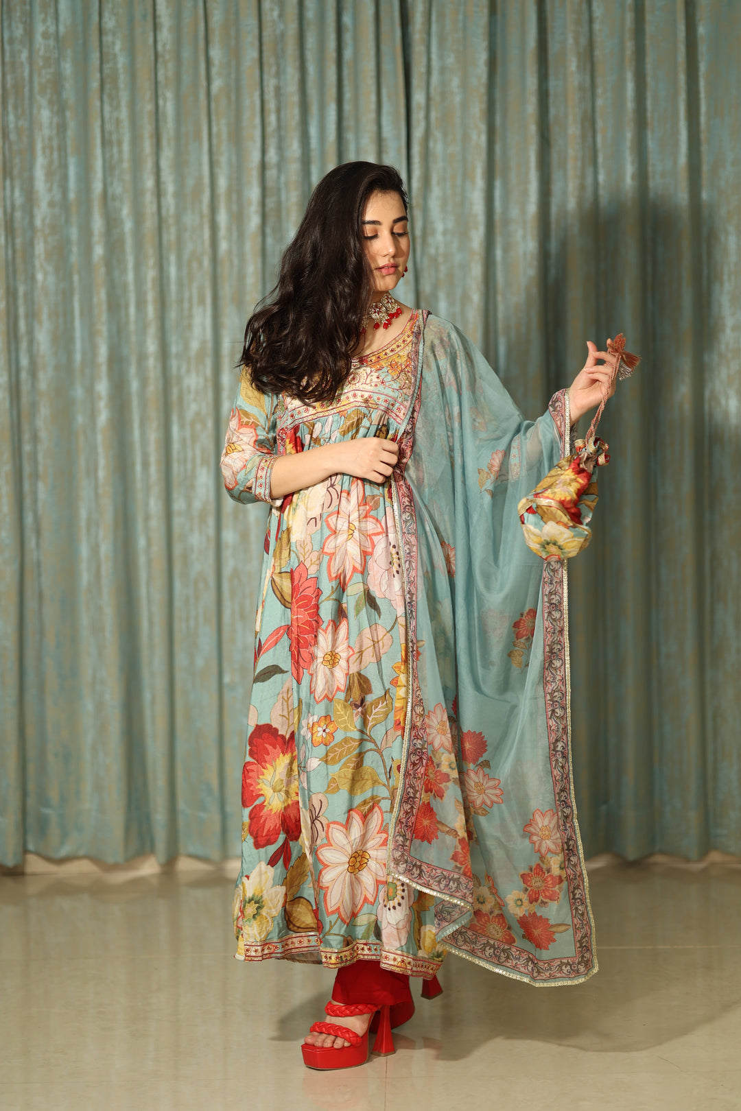 Multicolor Floral Print Muslin Flared Maxi Dress