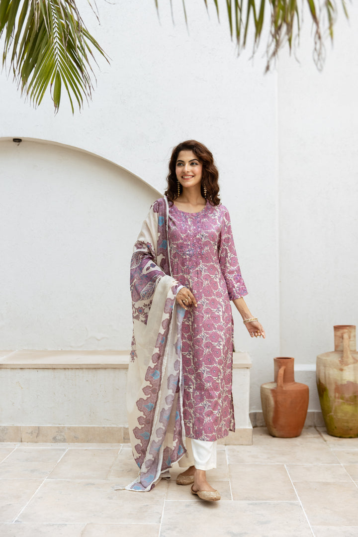 womens Cream::Purple Modal Chanderi Kurta Pant and Dupatta Set