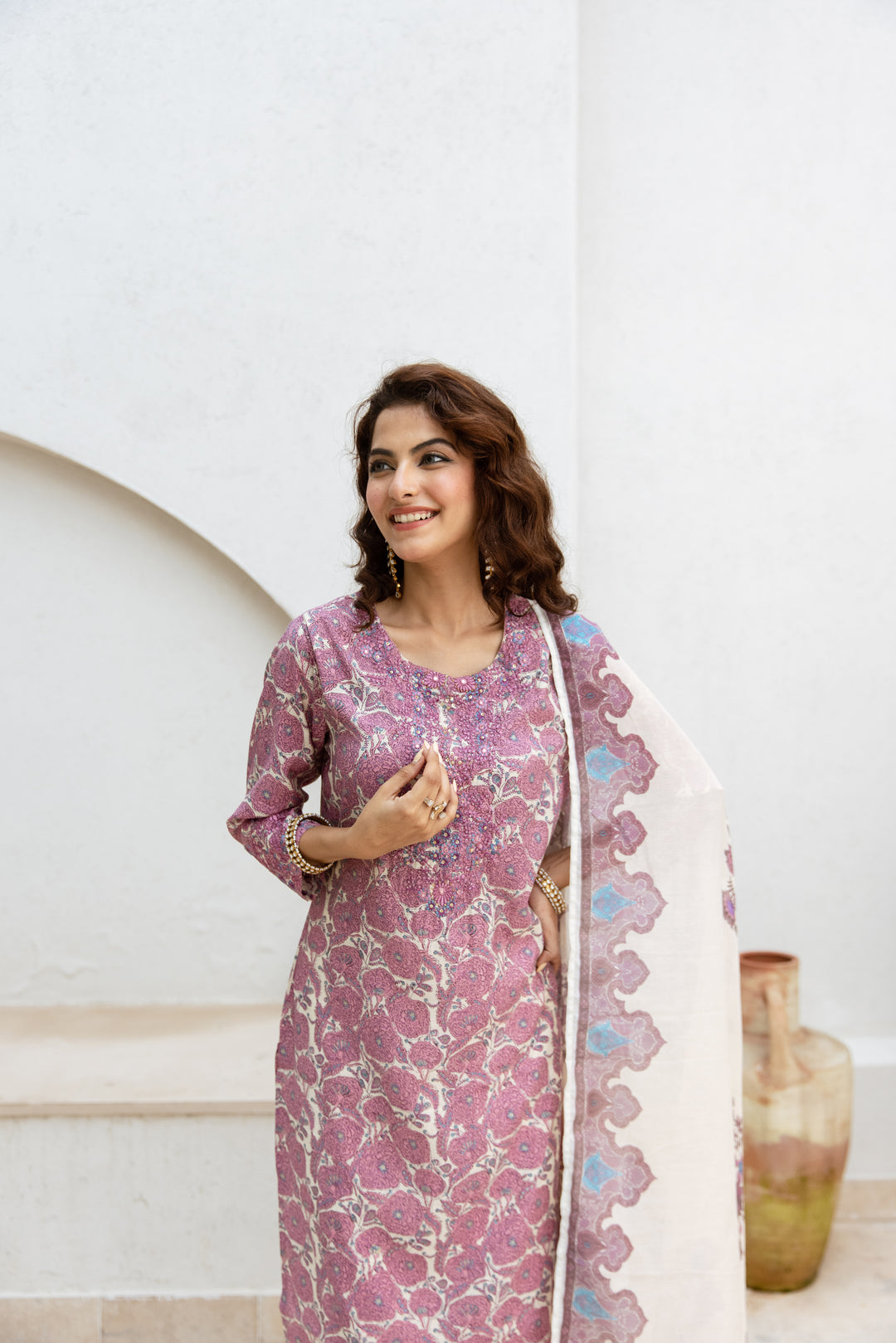 womens Cream::Purple Modal Chanderi Kurta Pant and Dupatta Set