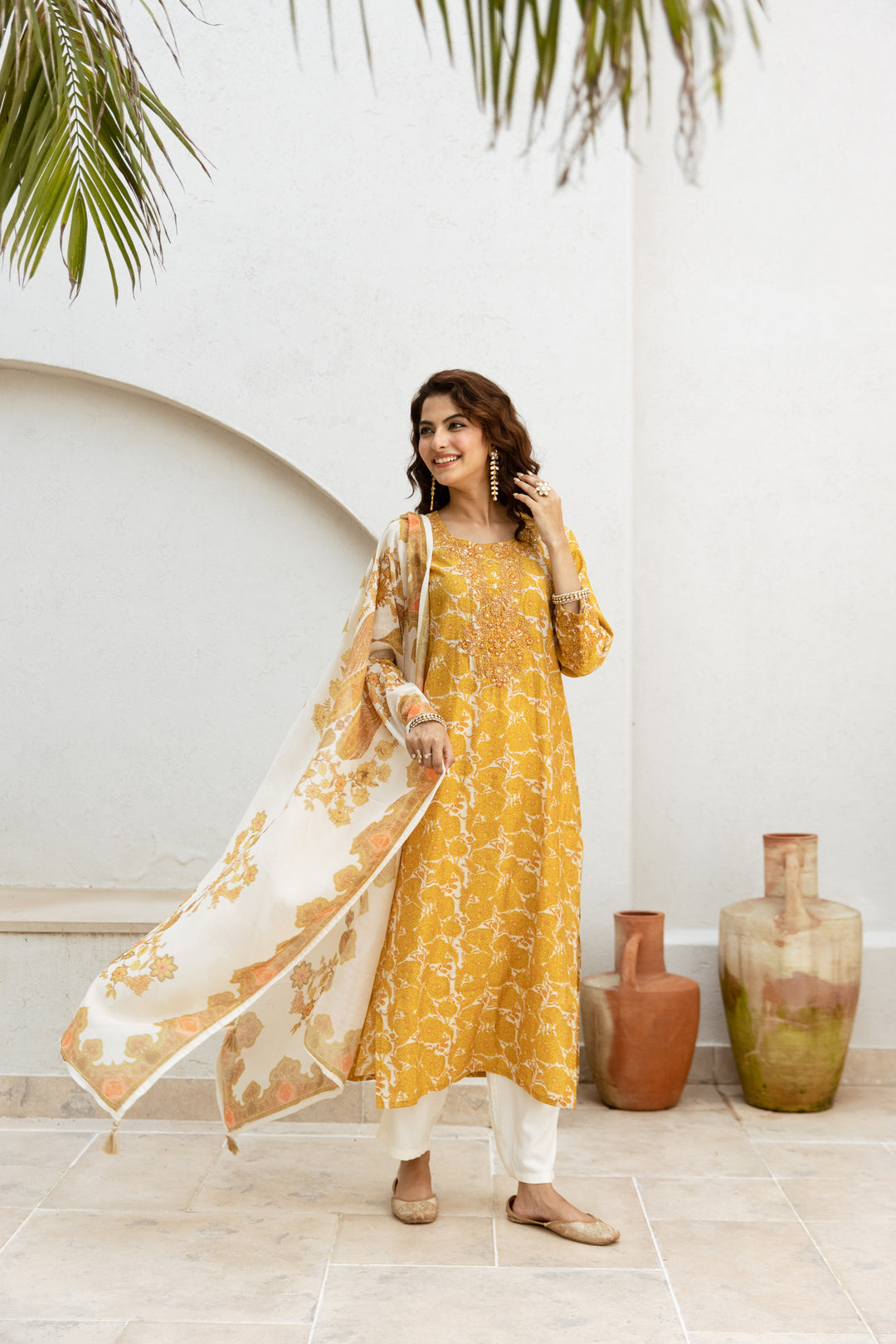 womens Cream::Mustard Modal Chanderi Kurta Pant and Dupatta Set