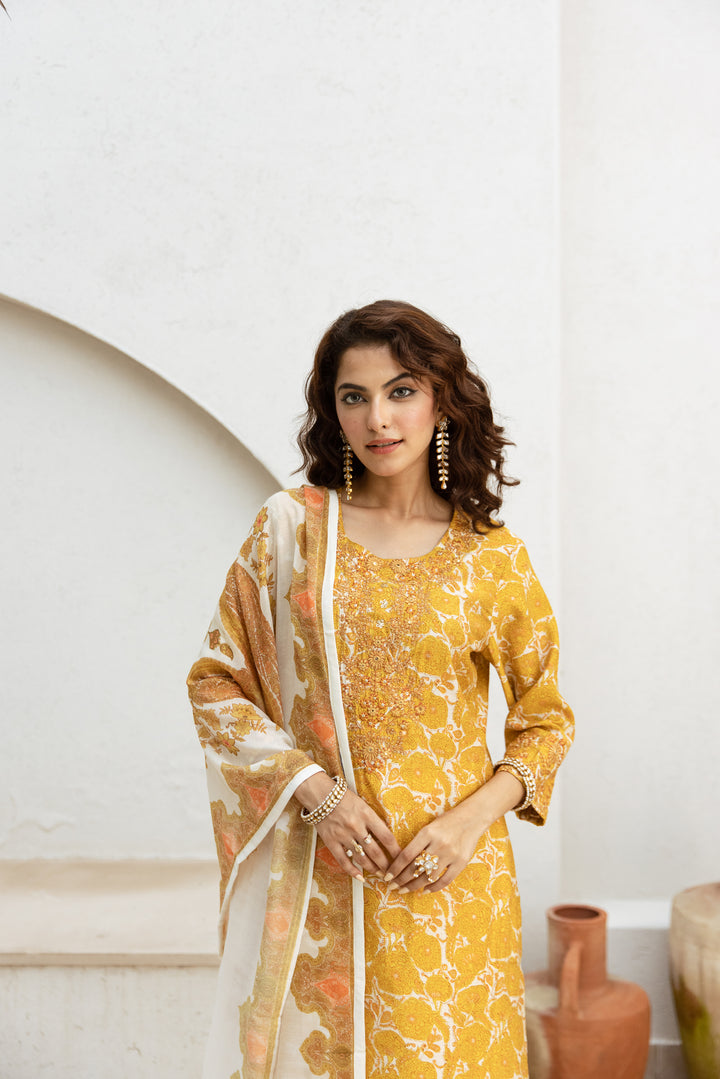 womens Cream::Mustard Modal Chanderi Kurta Pant and Dupatta Set