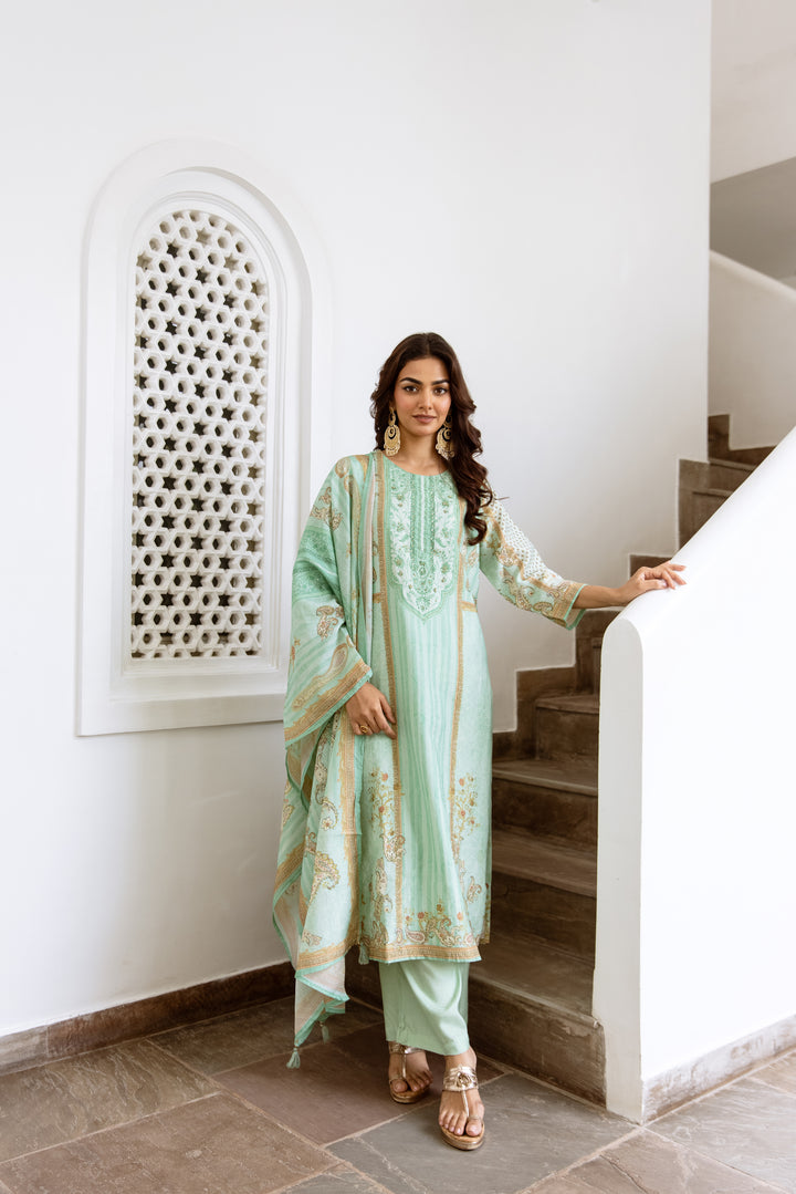 womens Turquoise Modal Shimmer Kurta Palazzo and Dupatta Set