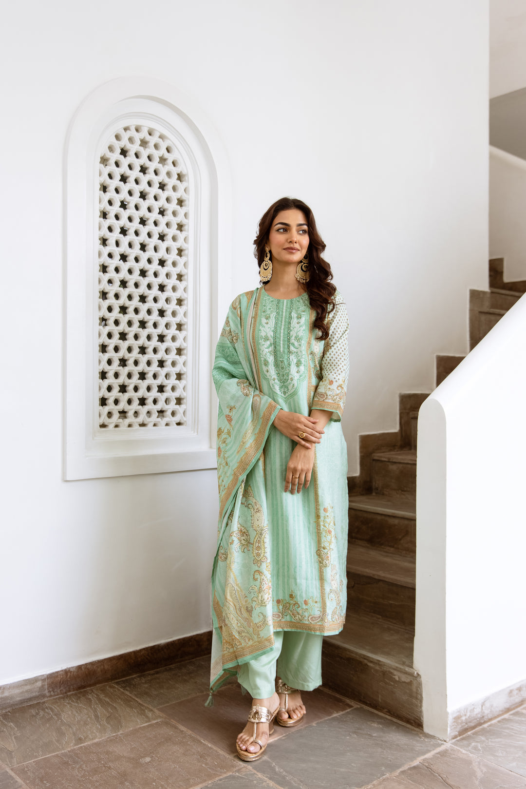 womens Turquoise Modal Shimmer Kurta Palazzo and Dupatta Set