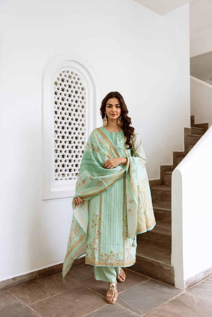 womens Turquoise Modal Shimmer Kurta Palazzo and Dupatta Set