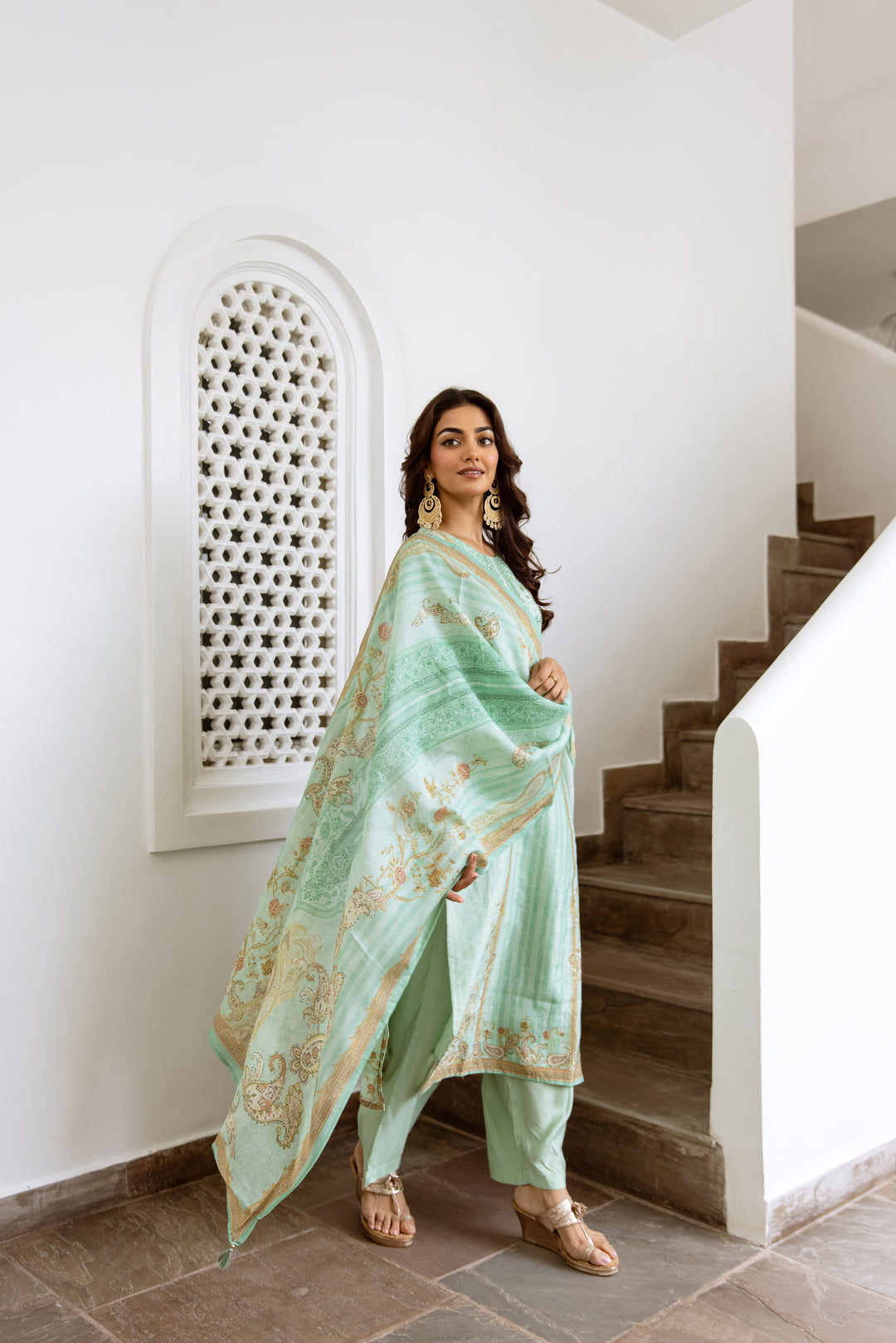 womens Turquoise Modal Shimmer Kurta Palazzo and Dupatta Set