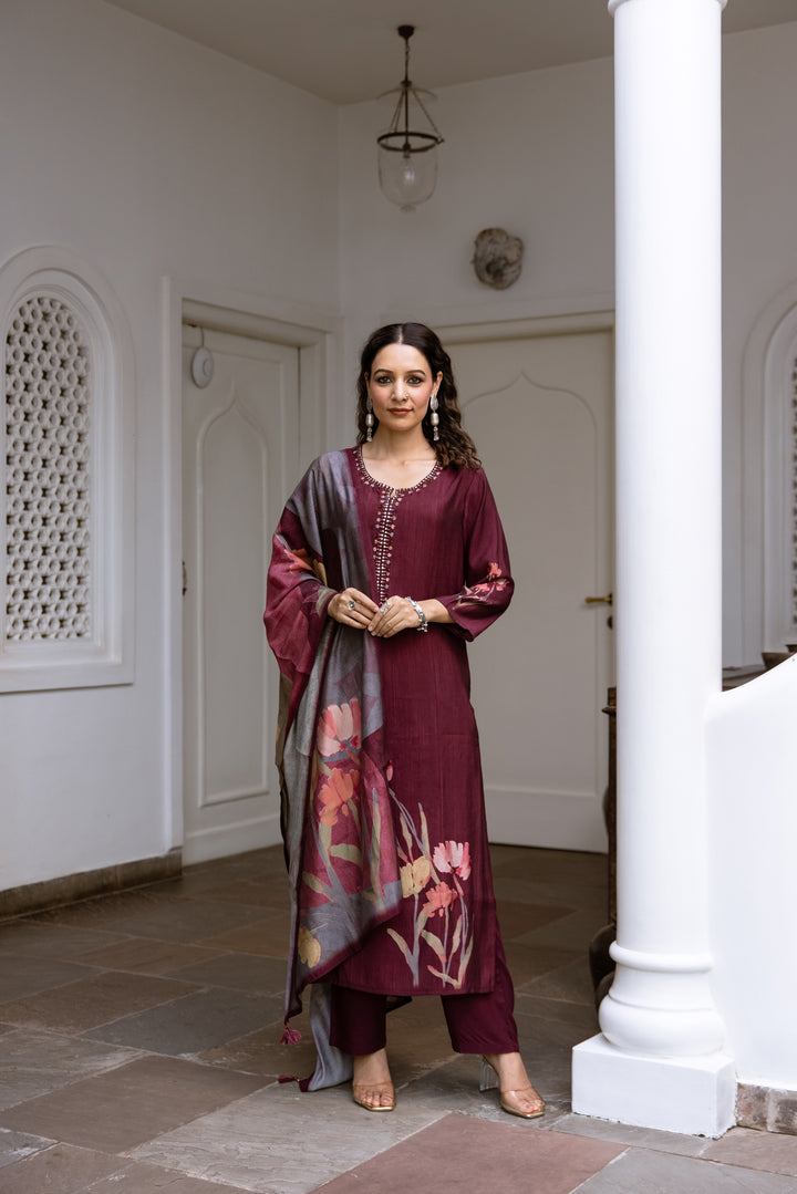 womens Brown Viscose Muslin Kurta Pant and Dupatta Set