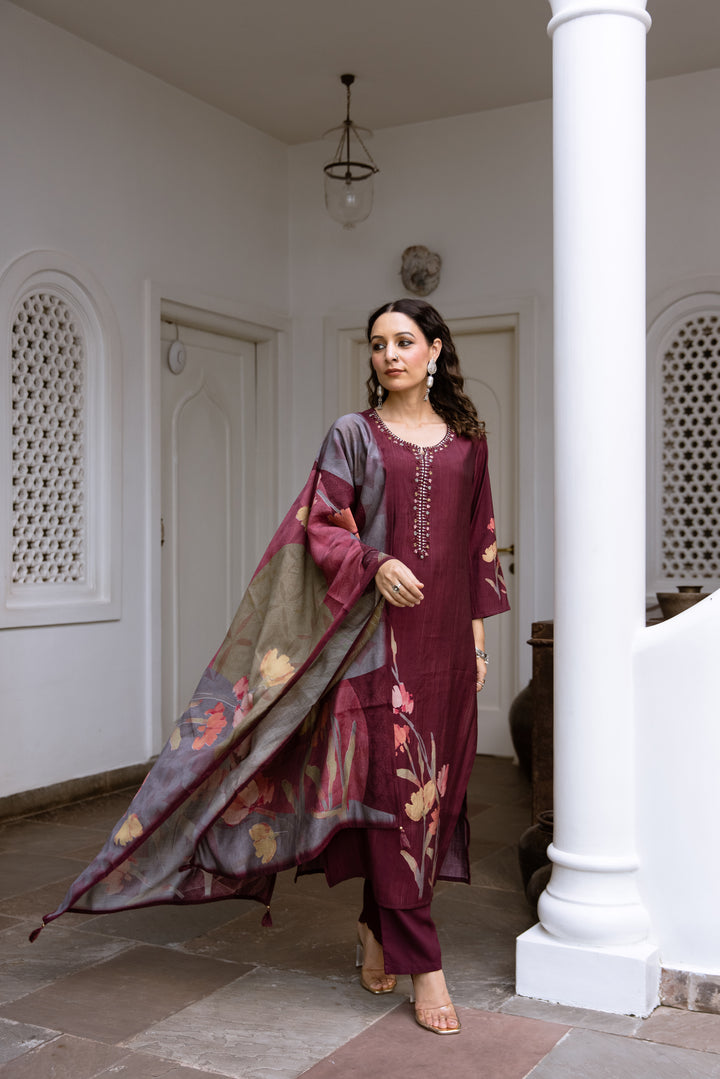 womens Brown Viscose Muslin Kurta Pant and Dupatta Set