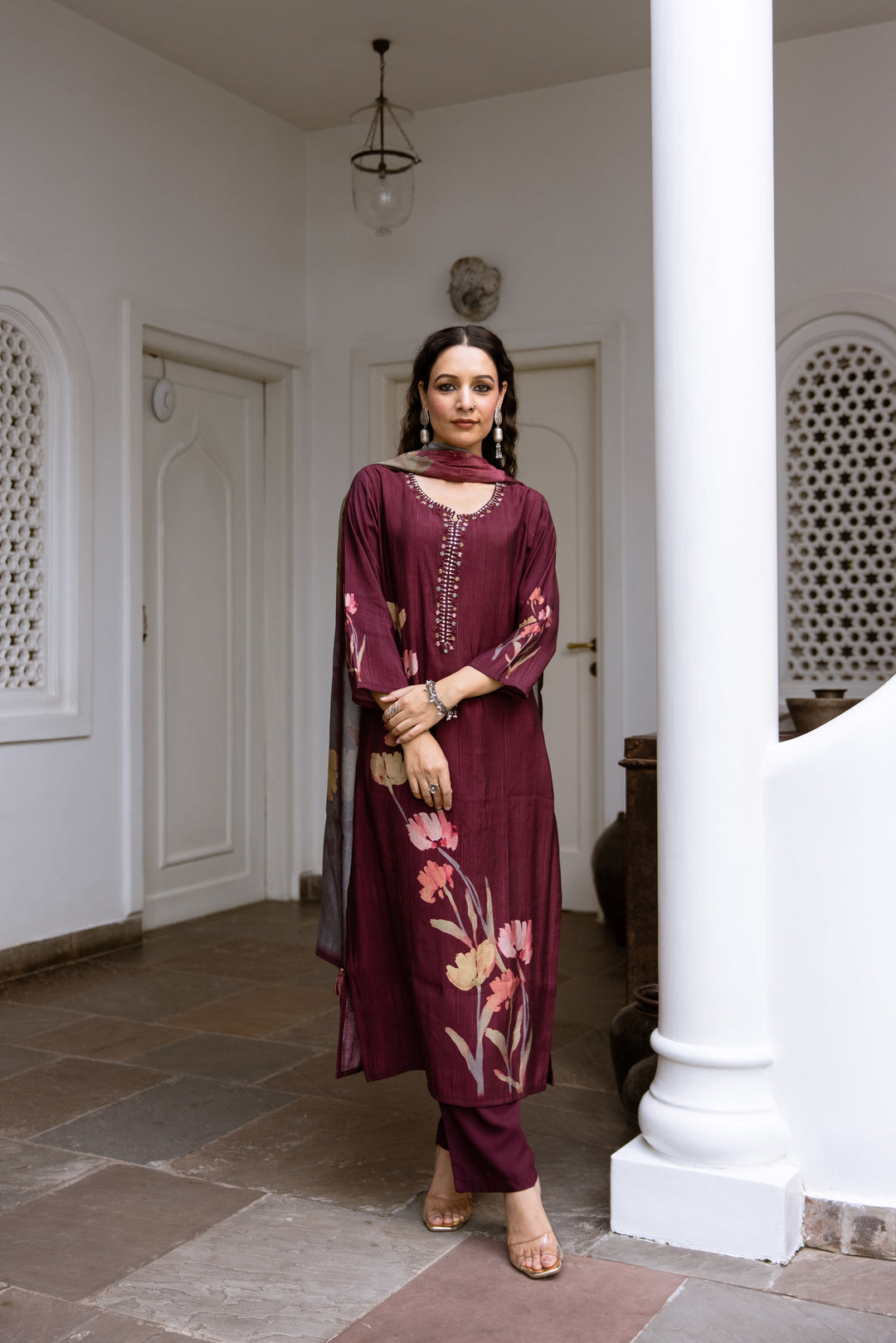 womens Brown Viscose Muslin Kurta Pant and Dupatta Set