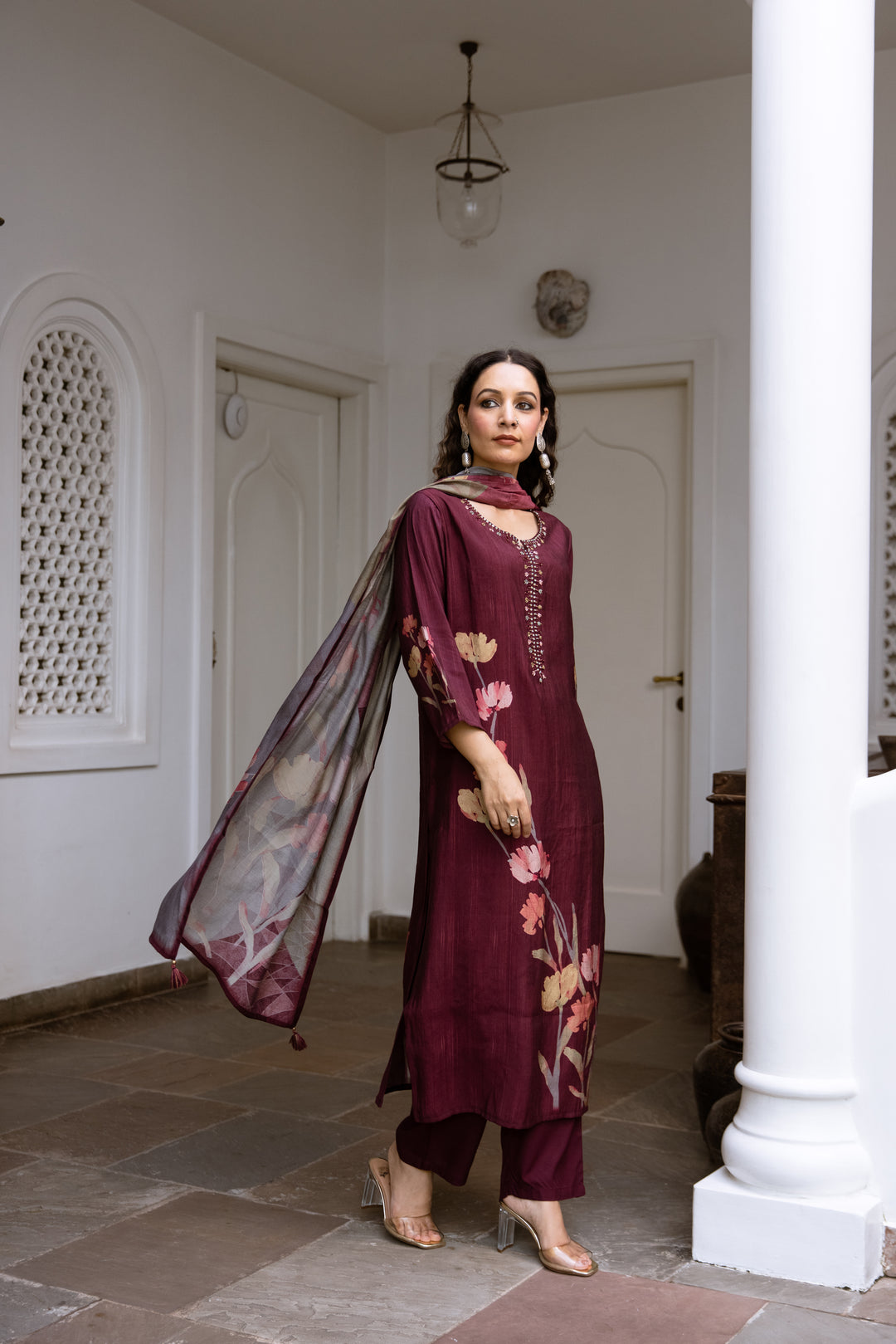 womens Brown Viscose Muslin Kurta Pant and Dupatta Set