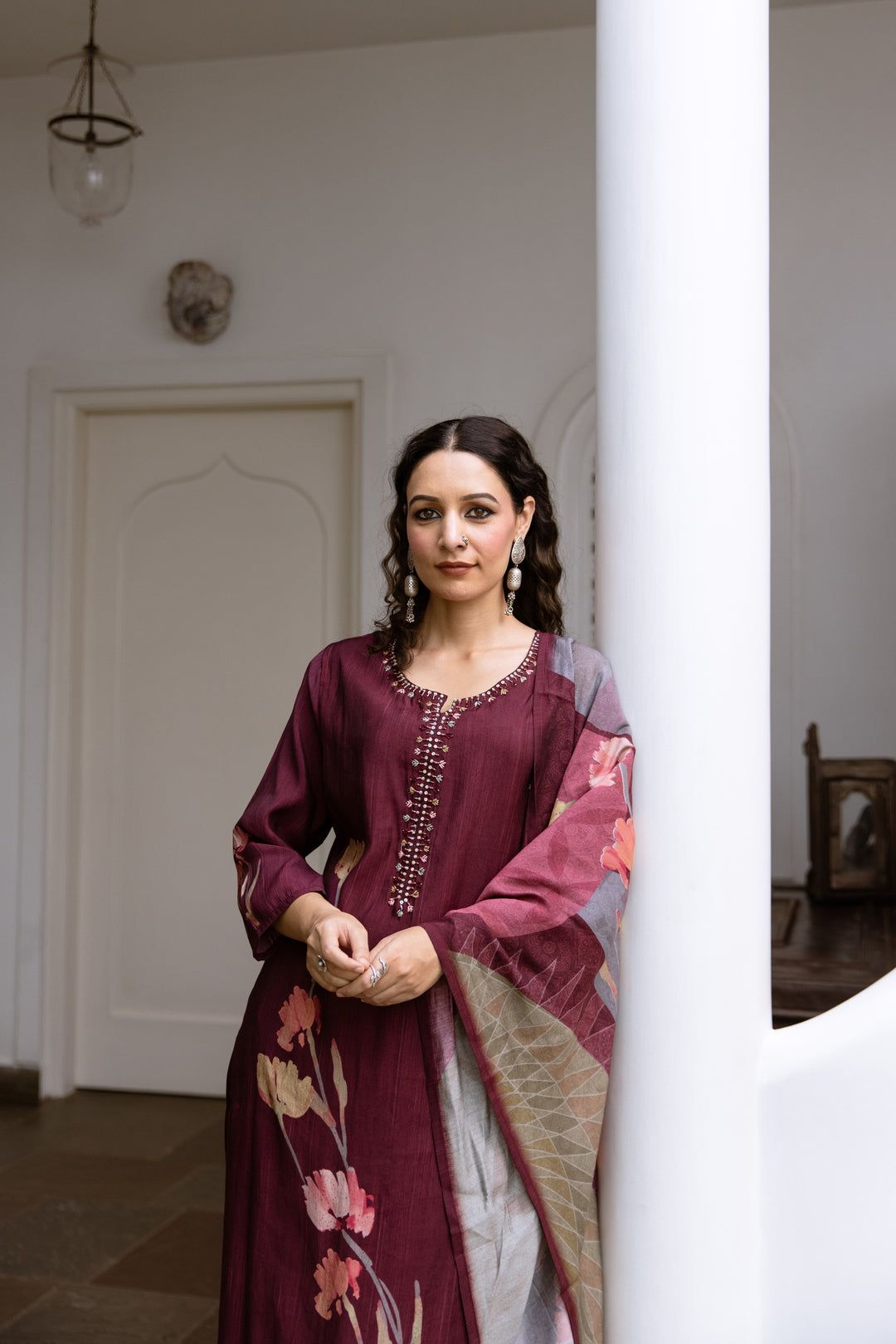 womens Brown Viscose Muslin Kurta Pant and Dupatta Set