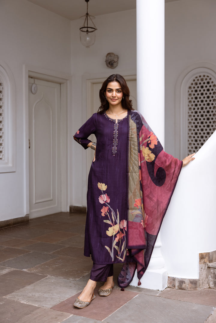 womens Purple Viscose Muslin Kurta Pant and Dupatta Set