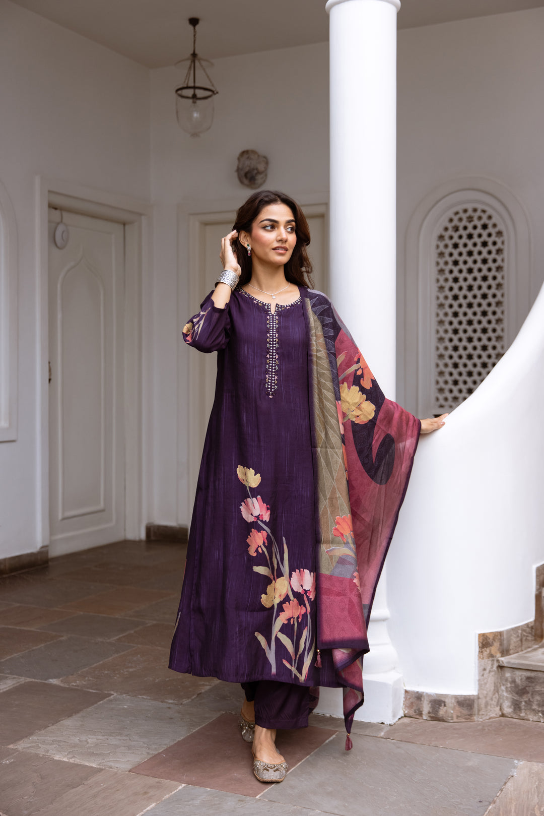 womens Purple Viscose Muslin Kurta Pant and Dupatta Set