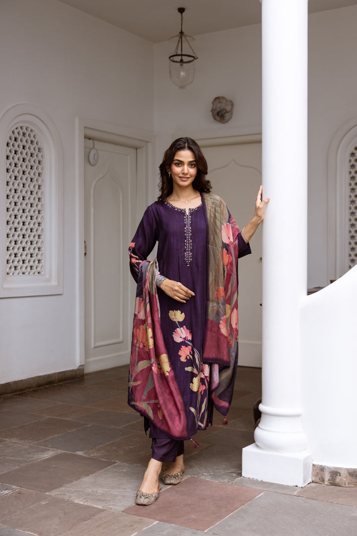 womens Purple Viscose Muslin Kurta Pant and Dupatta Set