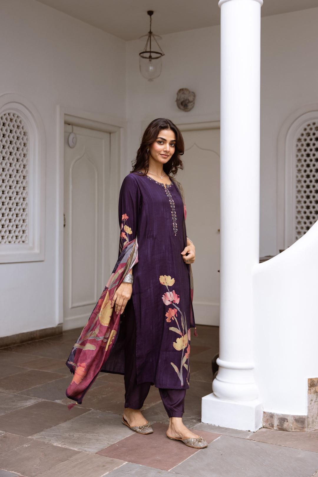 womens Purple Viscose Muslin Kurta Pant and Dupatta Set