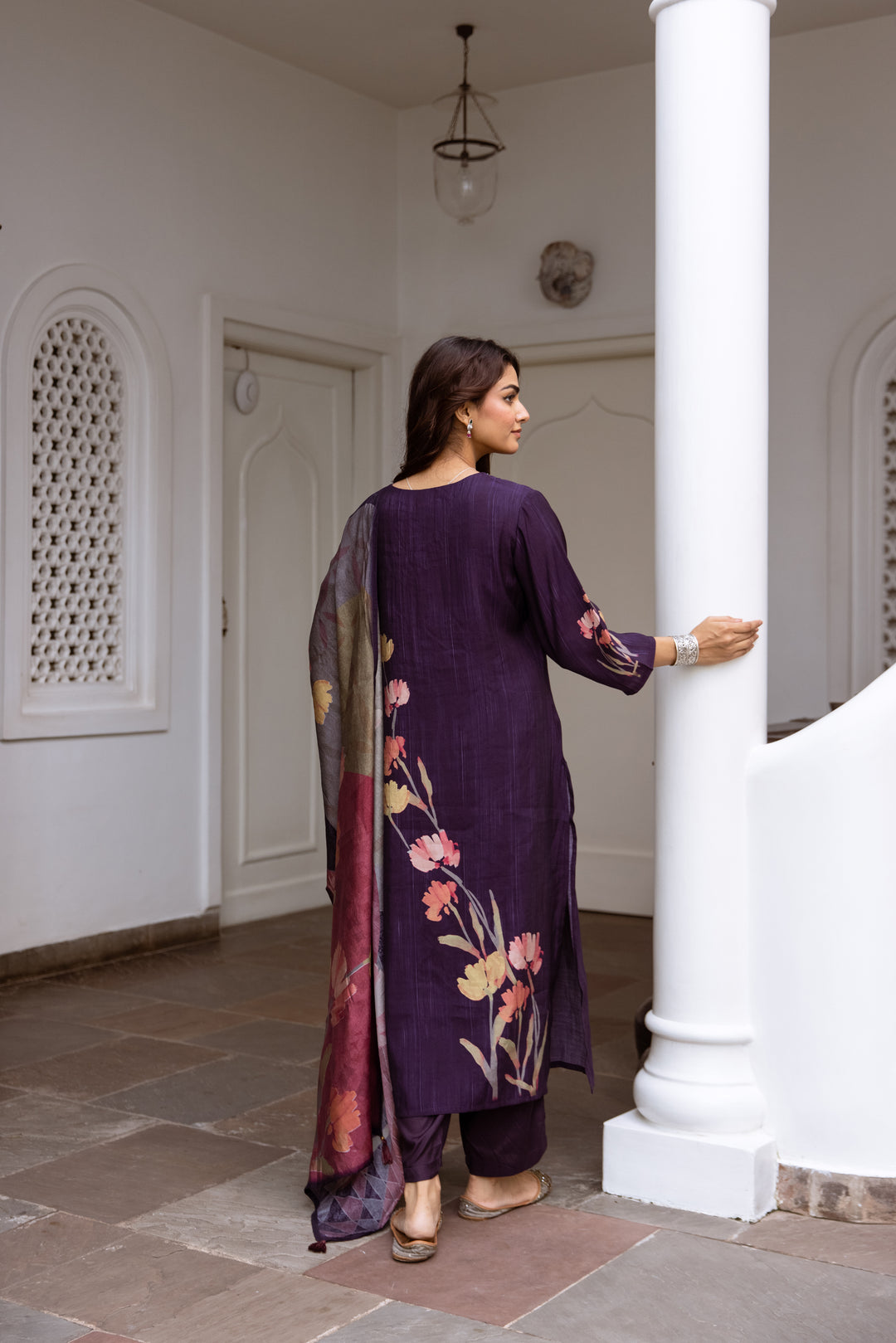 womens Purple Viscose Muslin Kurta Pant and Dupatta Set