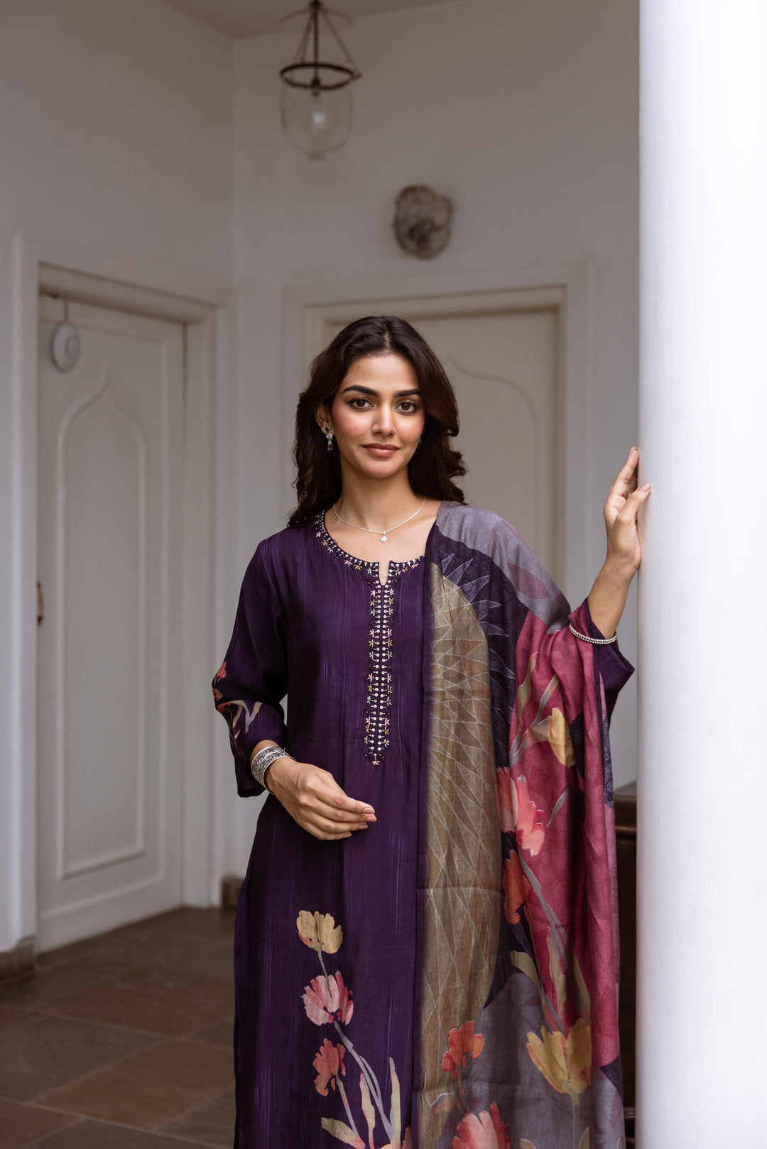 womens Purple Viscose Muslin Kurta Pant and Dupatta Set