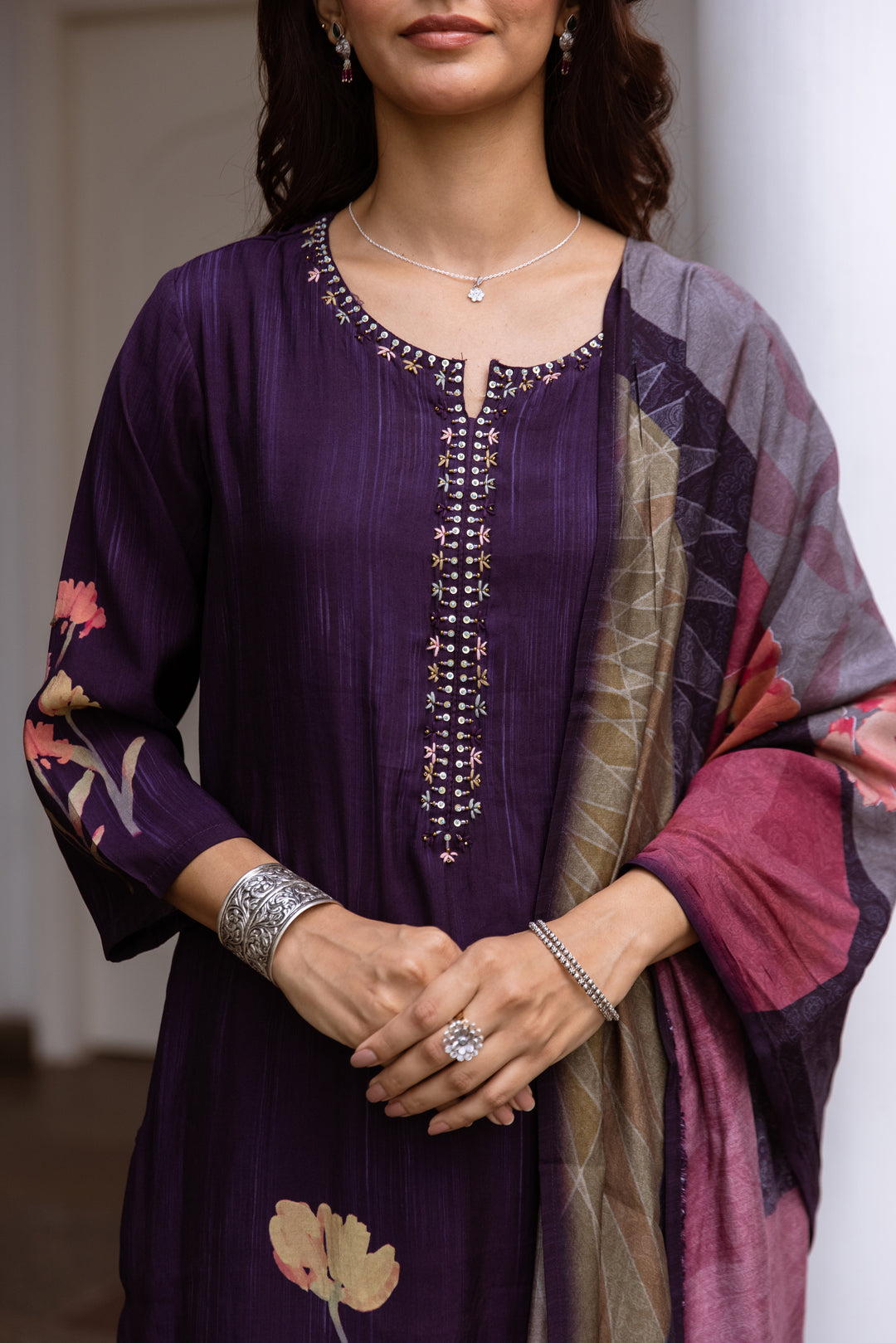 womens Purple Viscose Muslin Kurta Pant and Dupatta Set