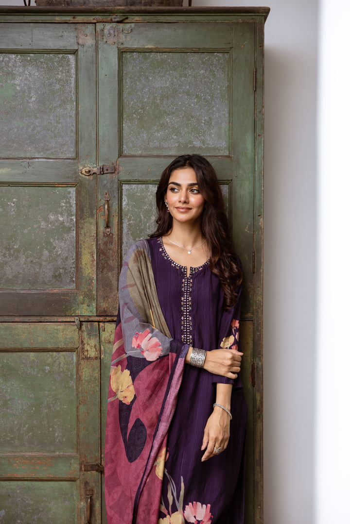 womens Purple Viscose Muslin Kurta Pant and Dupatta Set