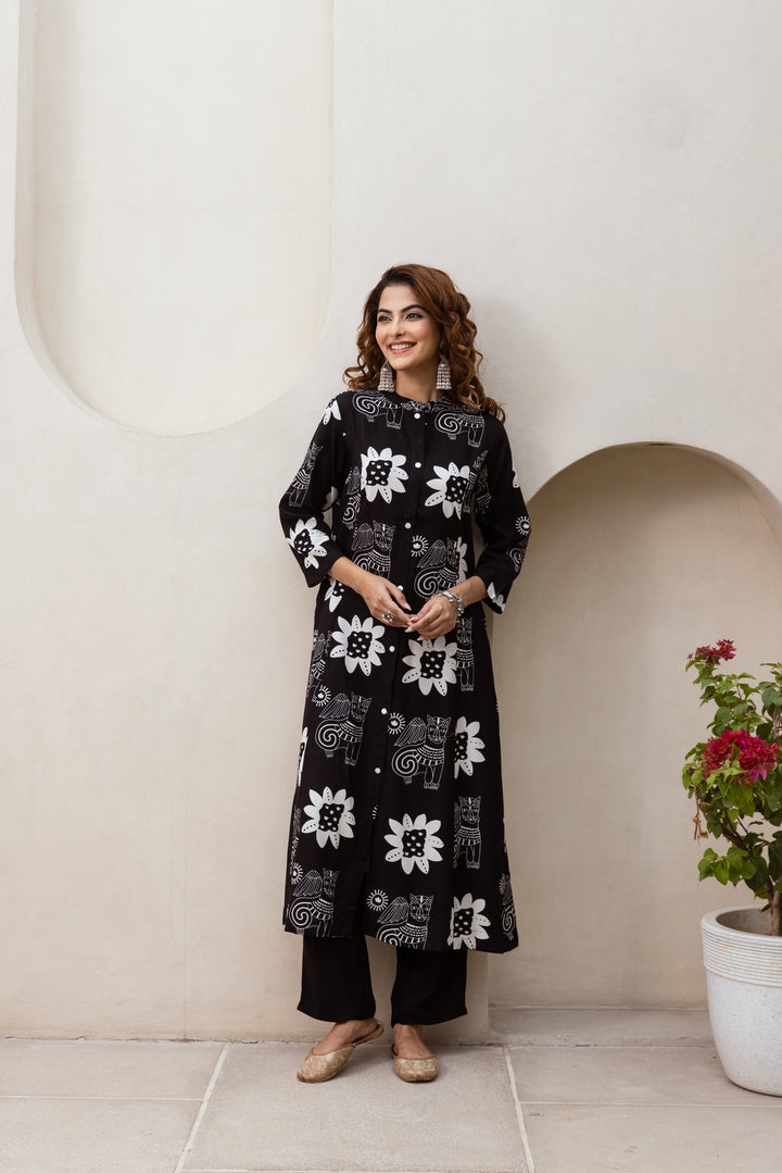 Women's Black German rayon Kurta Palazzo Set