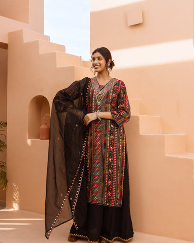 Multicolor German Rayon Kurta Palazzo and Dupatta Set