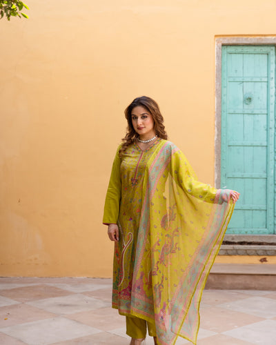 Green Viscose Muslin Kurta Pant and Dupatta Set