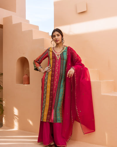 Multicolor German Rayon Kurta Palazzo and Dupatta Set