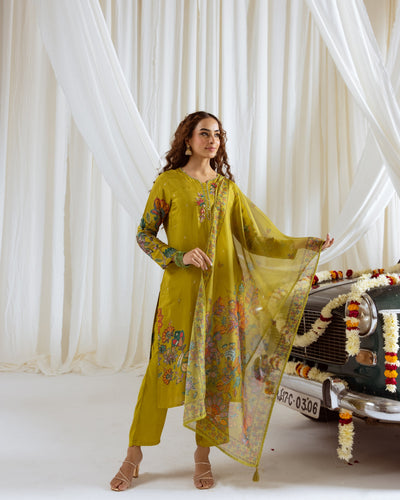 Green Viscose Muslin Kurta Pant and Dupatta Set