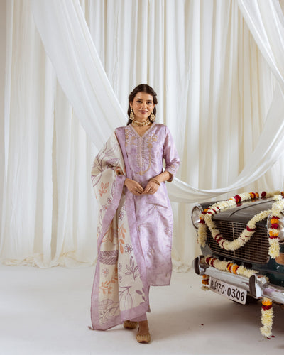 Lavender Tissue Simmer Kurta Pant and Dupatta Set