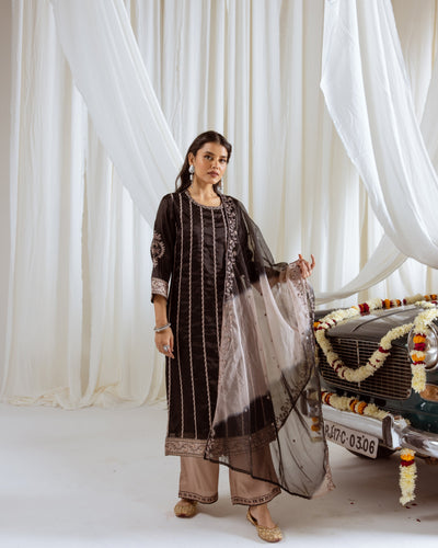 Black Muslin Silk Kurta Palazzo and Dupatta Set