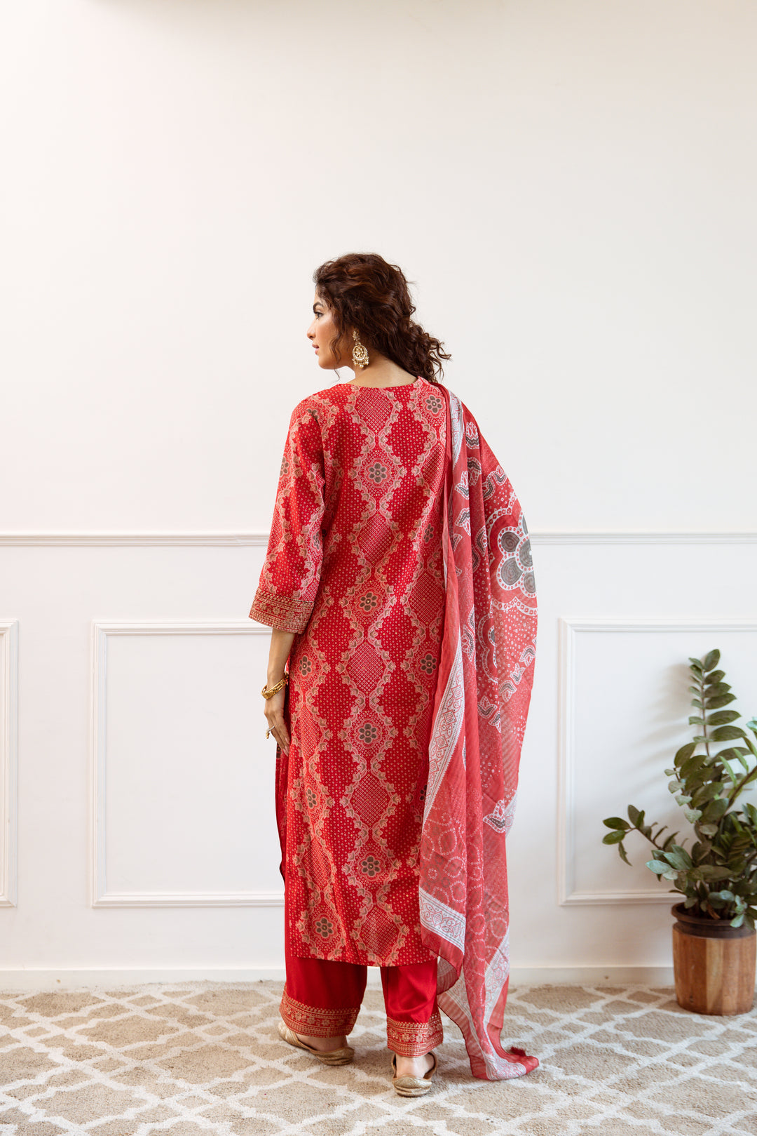 Women's Red Modal Muslin Kurta Palazzo and Dupatta Set