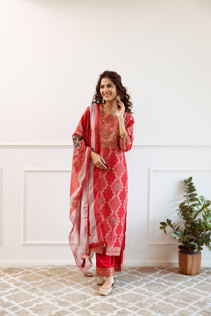 Women's Red Modal Muslin Kurta Palazzo and Dupatta Set