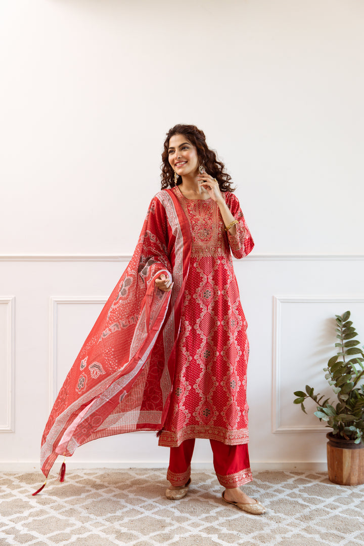 Women's Red Modal Muslin Kurta Palazzo and Dupatta Set