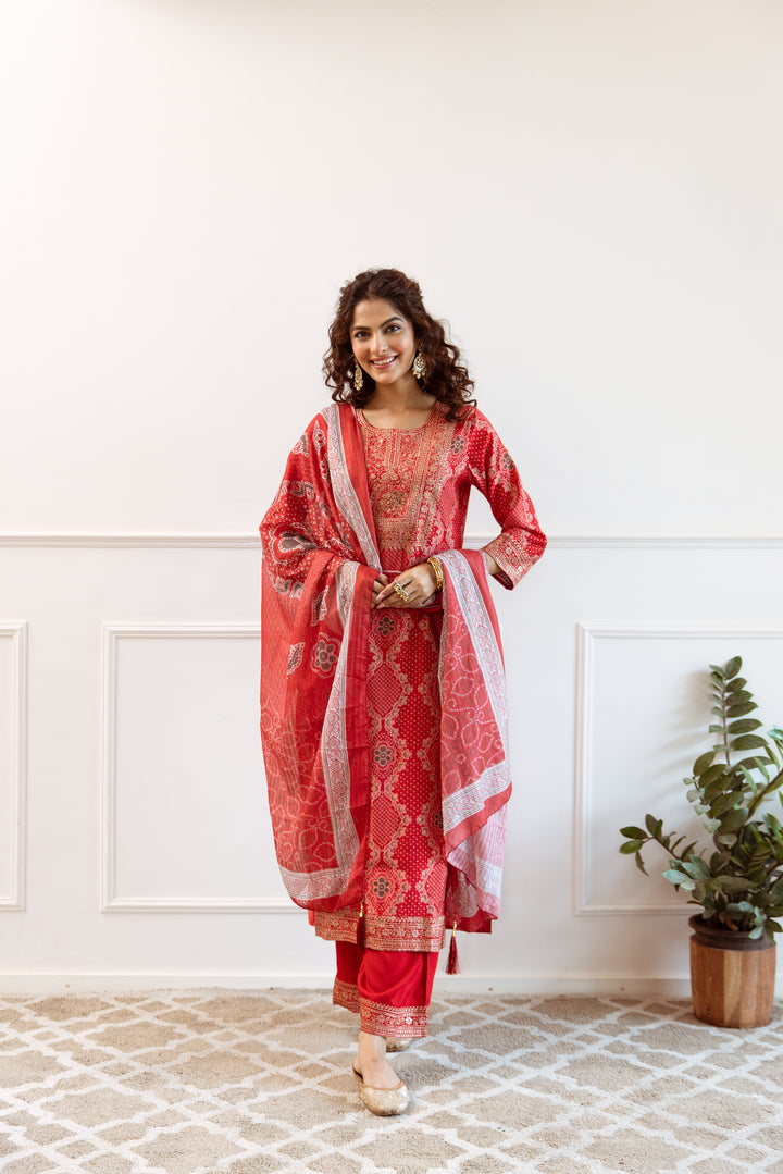 Women's Red Modal Muslin Kurta Palazzo and Dupatta Set