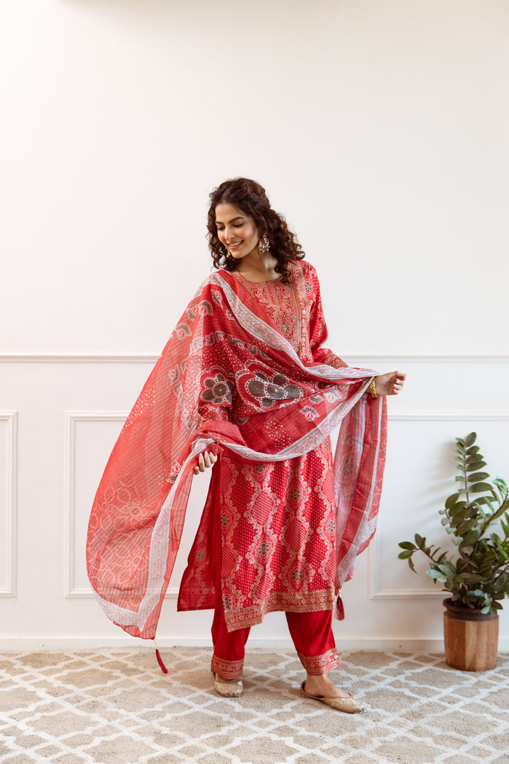 Women's Red Modal Muslin Kurta Palazzo and Dupatta Set