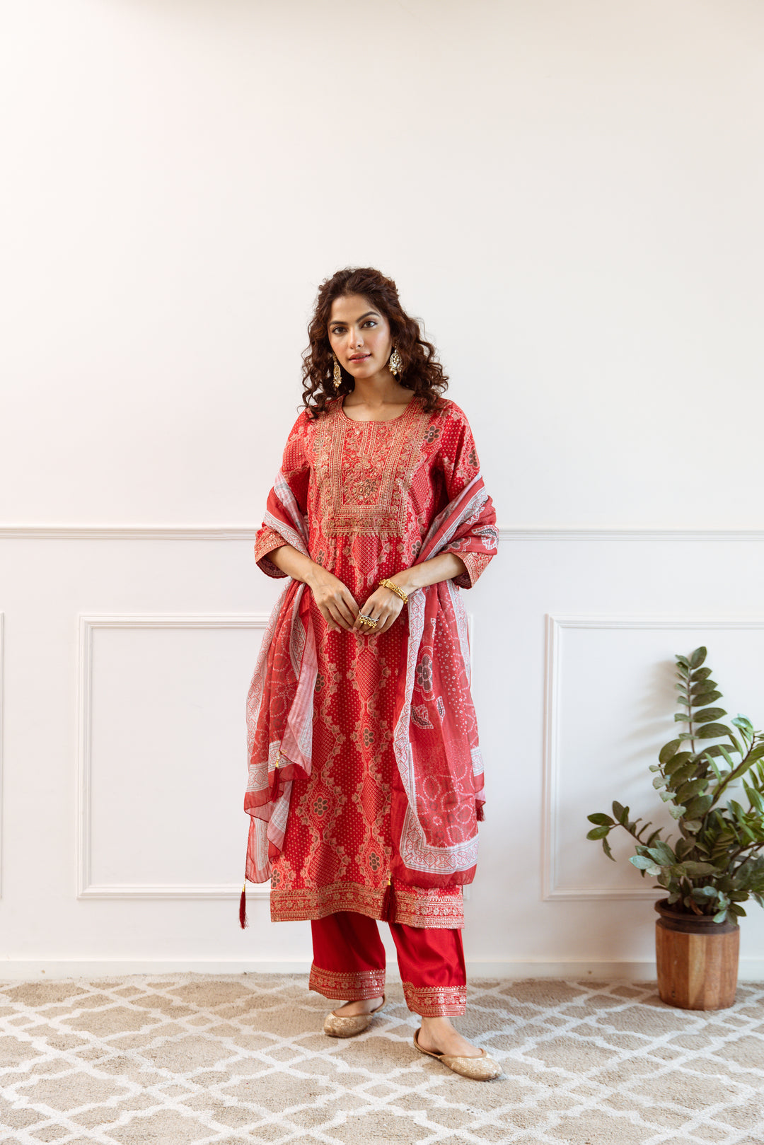 Women's Red Modal Muslin Kurta Palazzo and Dupatta Set