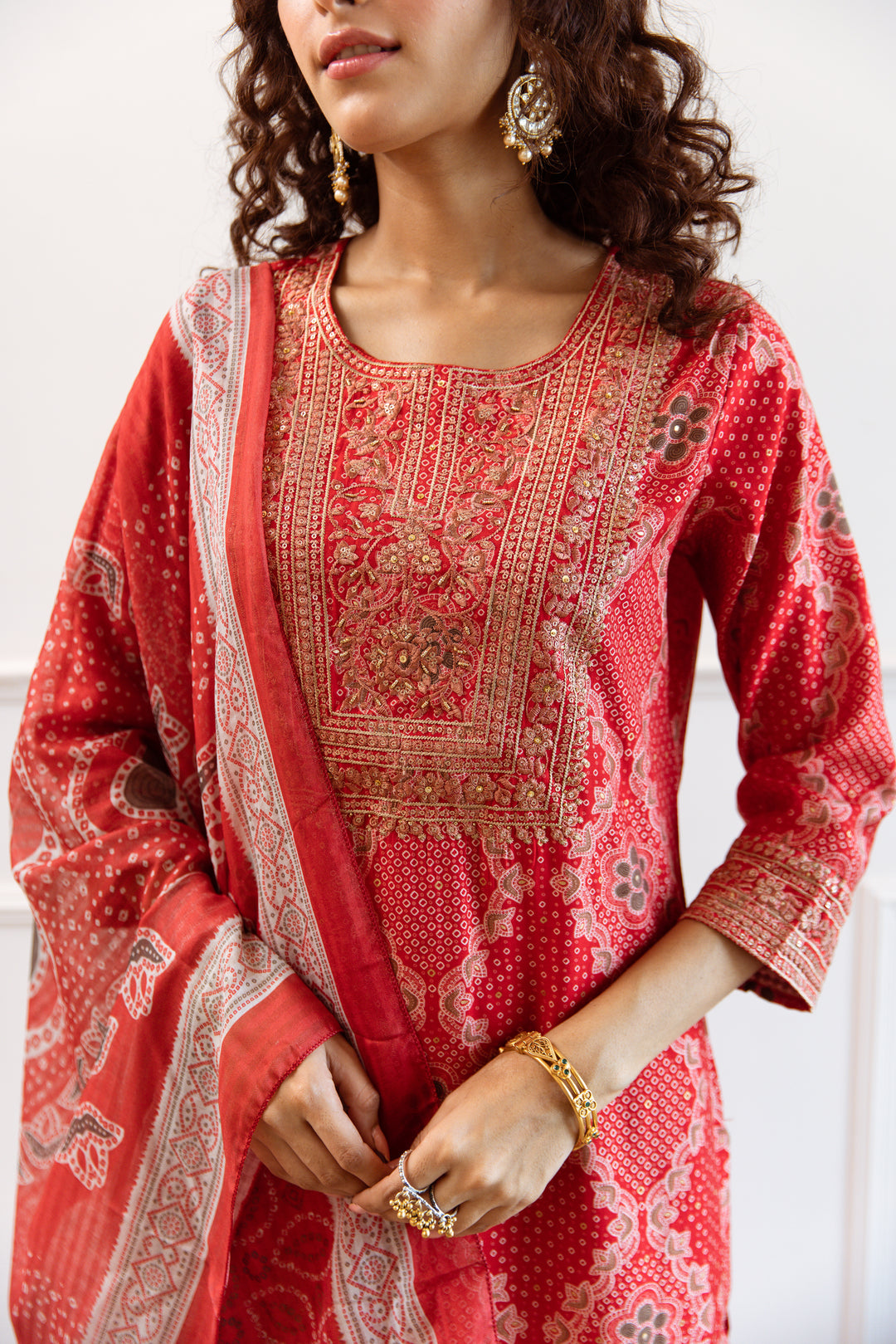 Women's Red Modal Muslin Kurta Palazzo and Dupatta Set