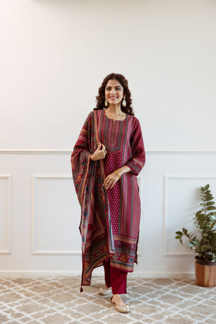 womens Maroon Modal Muslin Kurta Pant and Dupatta Set